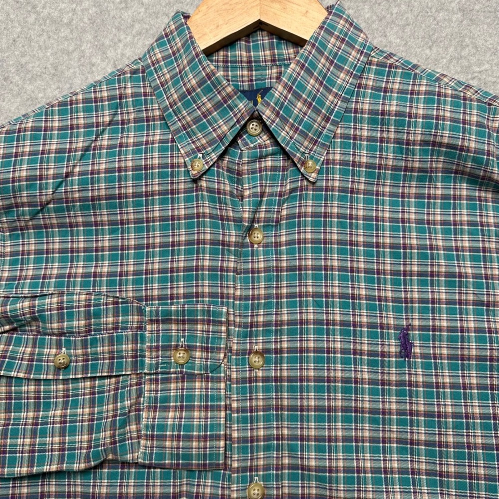 Ralph Lauren Mens Medium Teal Purple Plaid Cotton Long Sleeve Button Down Shirt